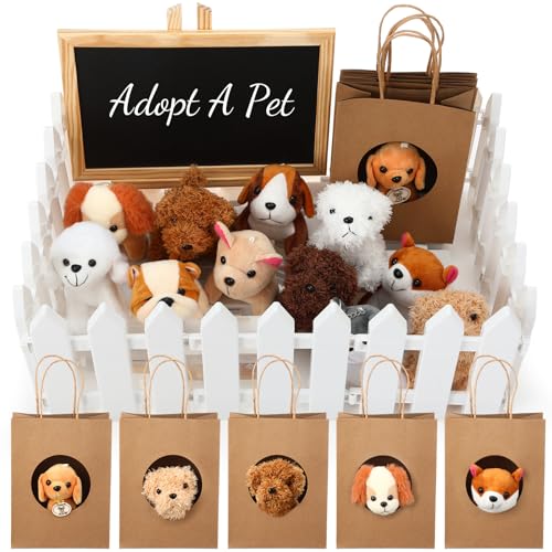 Arrowbash 36 Pcs Adopt a Puppy Favor Mini Plush Stuffed Animal Dog Set with 10 White Plastic Fence 12 Kraft Paper Gift Bags Wooden Chalkboard Sign for Pet Dog Birthday GiftClassic - Image 1
