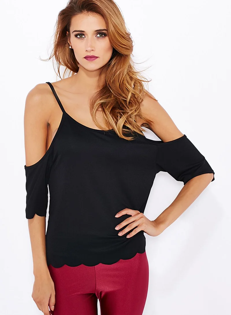 boohoo Scallop Hem Open Shoulder Top