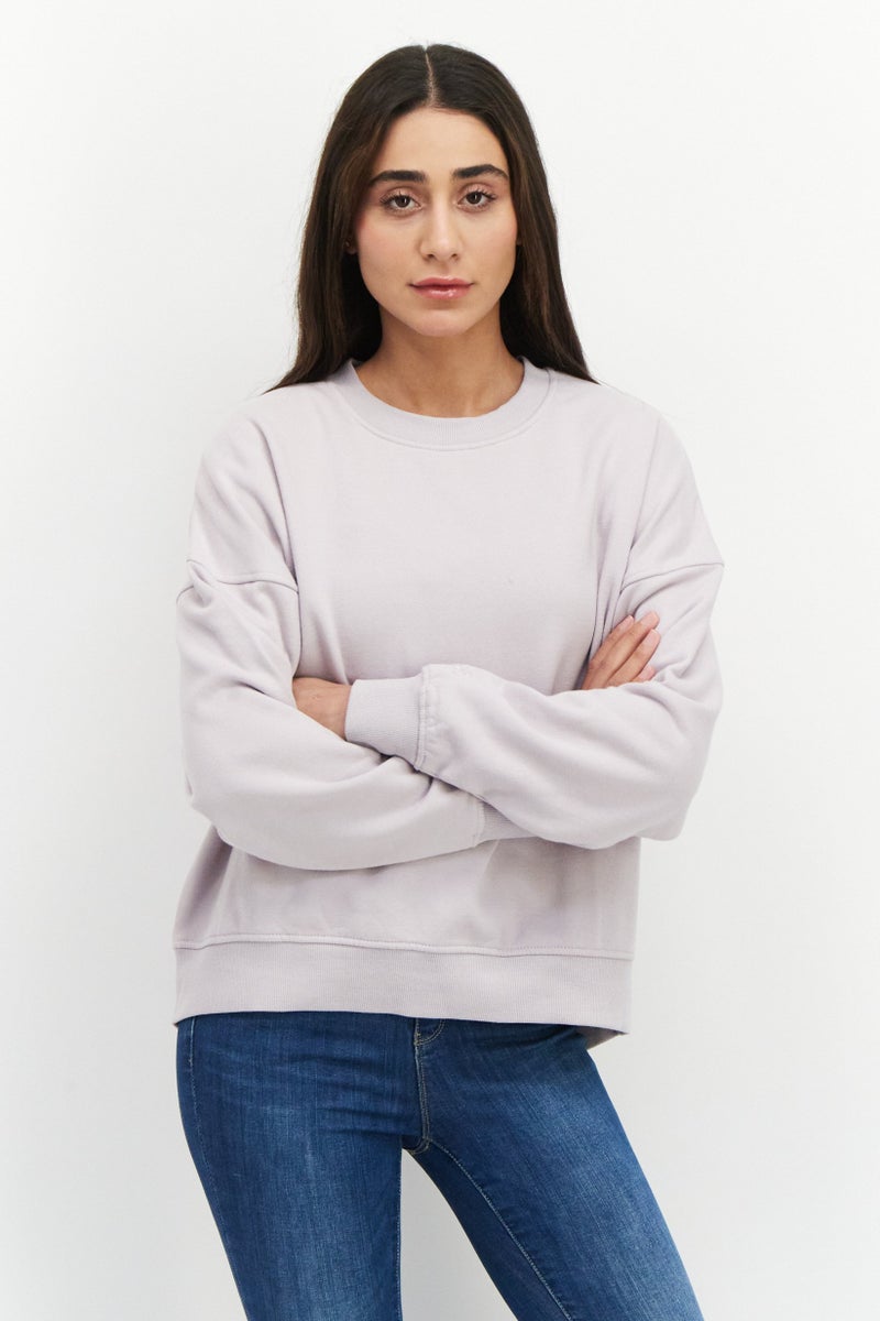 ESPRIT Women Crew Neck Plain Long Sleeve Fleece Sweatshirt, Lavender - Image 1