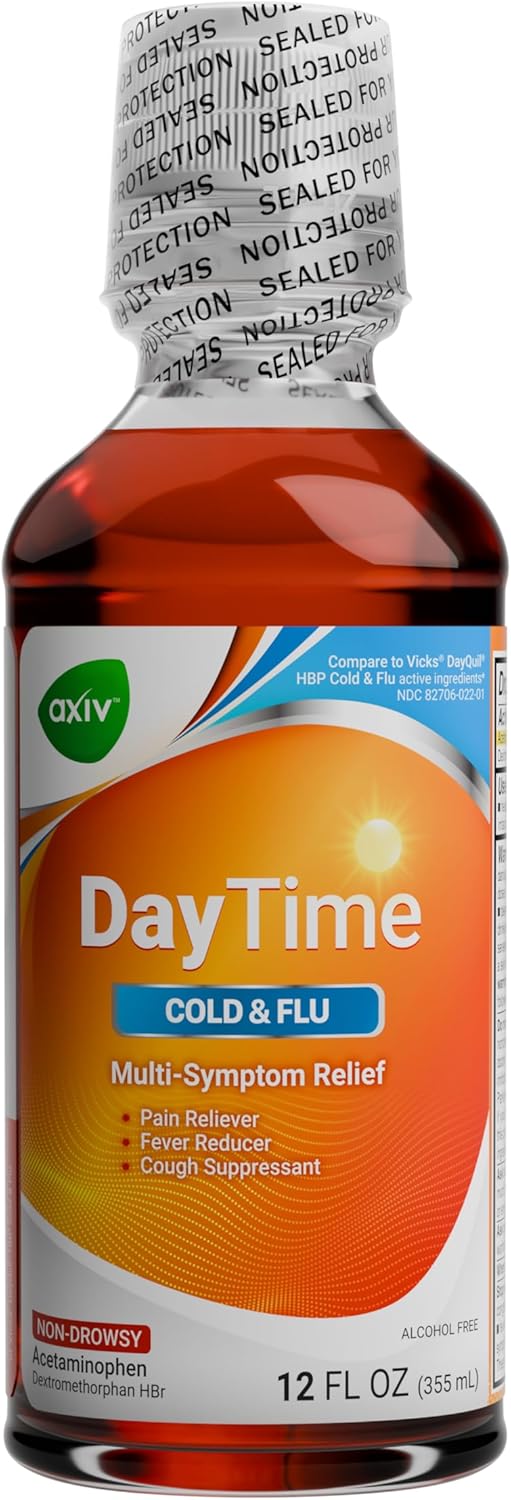 AXIV Daytime MultiSymptom Day Relief for Cold Cough and Flu Symptom NonDrowsy Alcohol Free Cold  Flu Relief Liquid Medicine 12 FL OZ - Image 1