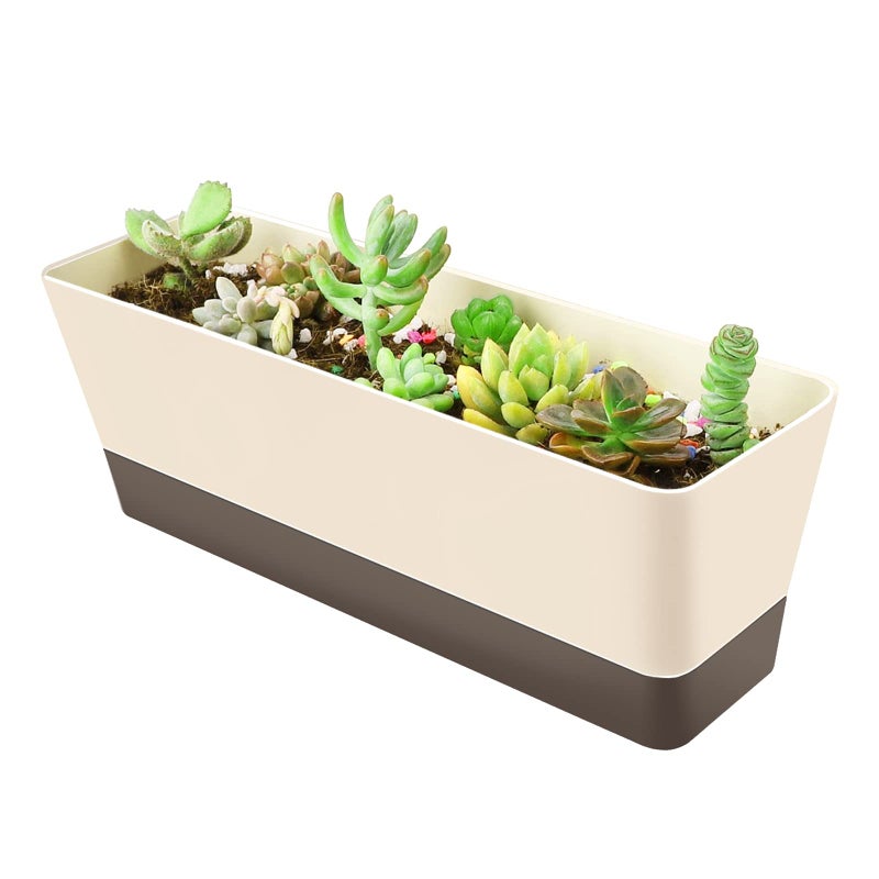 GREANER Planter Windowsill Box, 1 Pack 12x3.8 Inch Herb Rectangle Planter with Tray, Modern Indoor Succulent Cactus Plastic Plant Pot for Windowsill, Garden Balcony, Home Office Outdoor Decoration - Image 1