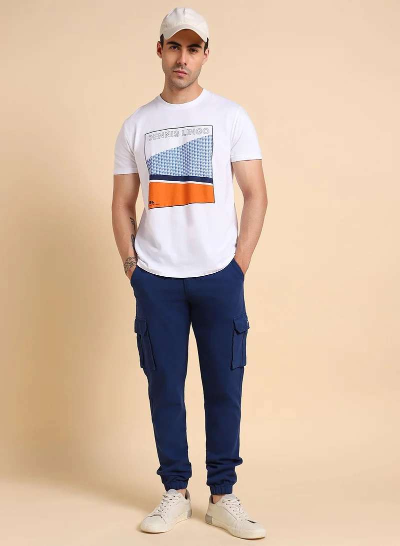 Dennis Lingo White Printed Regular Fit Crew Neck T-shirt for Men - 100% Cotton, Half Sleeves, Casual