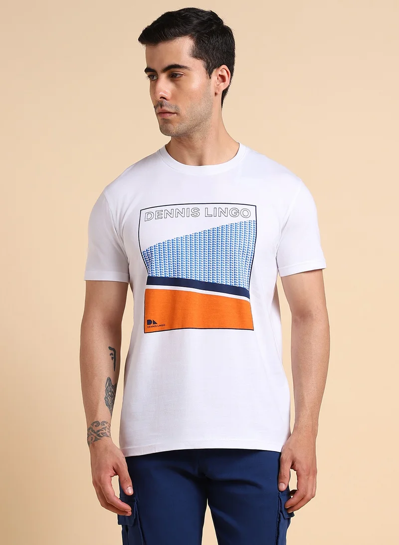 Dennis Lingo White Printed Regular Fit Crew Neck T-shirt for Men - 100% Cotton, Half Sleeves, Casual