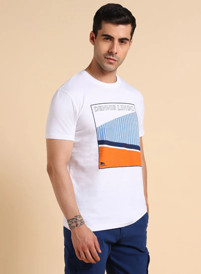 Dennis Lingo White Printed Regular Fit Crew Neck T-shirt for Men - 100% Cotton, Half Sleeves, Casual