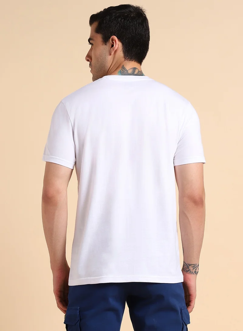 Dennis Lingo White Printed Regular Fit Crew Neck T-shirt for Men - 100% Cotton, Half Sleeves, Casual