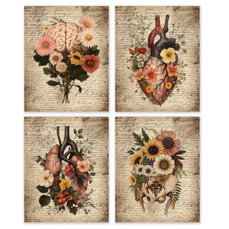 BESERH Flower Anatomy Wall Decor, Vintage Medical Wall Art Prints, Antique Floral Anatomical Organs Posters for Nursing School Classroom Medical Office, 8x10 Inches Set of 4 Unframed - Image 1