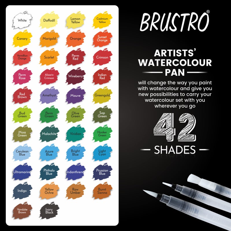 BRUSTRO Artists Watercolour Travel Pan Set of 42 Colours | Foldable, Rich Pigment, Vibrant Colors, Ideal for Plein Air Painting, Professional Use, Fine Art Students (Includes Mixing Palette) - Image 4