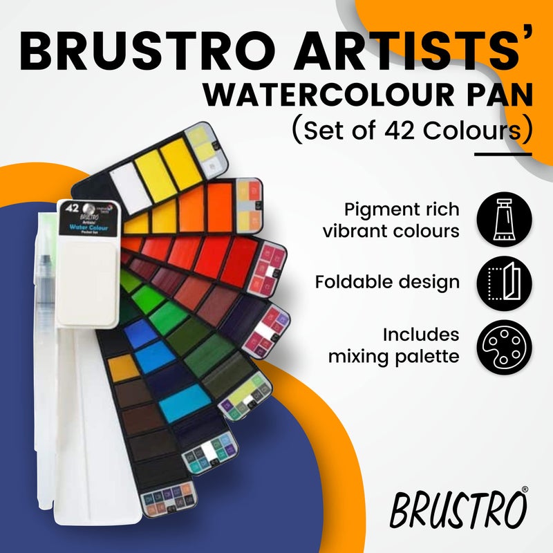 BRUSTRO Artists Watercolour Travel Pan Set of 42 Colours | Foldable, Rich Pigment, Vibrant Colors, Ideal for Plein Air Painting, Professional Use, Fine Art Students (Includes Mixing Palette) - Image 2