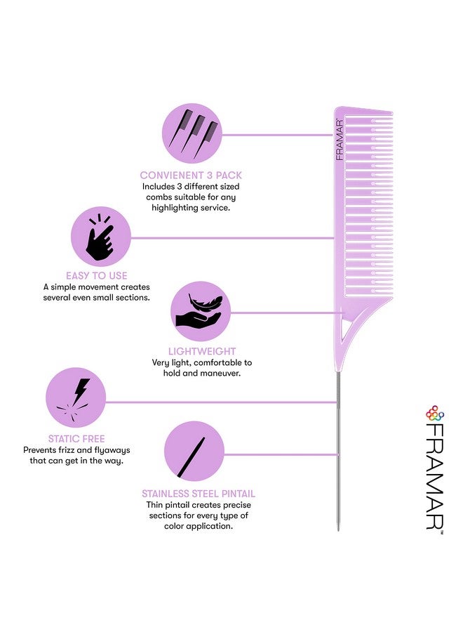 Framar Dreamweaver Highlight Comb Set - Combs for Hair Stylist, Highlighting Comb, Hair Dye Comb, Hair Highlighter Comb with Metal Pick, Balayage Comb - 3 Pack Pastel - Image 4