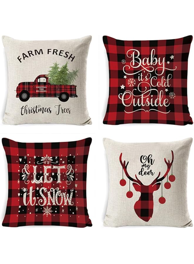 The Bros أغطية وسائد زينة عيد الشكر وعيد الميلاد 4 قطع، غطاء وسادة من الكتان للكنبة، زينة منزلية شتوية، هدايا خريفية، غزلان، رقاقات ثلج، أشجار عيد الميلاد - Image 1