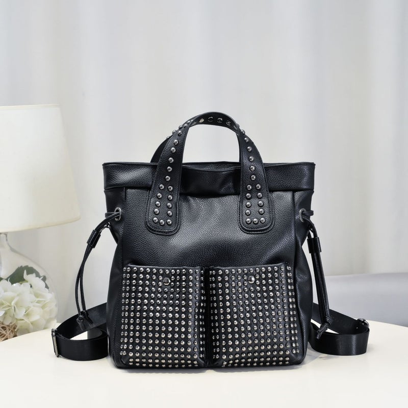 Women's Studded PU Leather Tote Handbag with Double Straps - Image 1