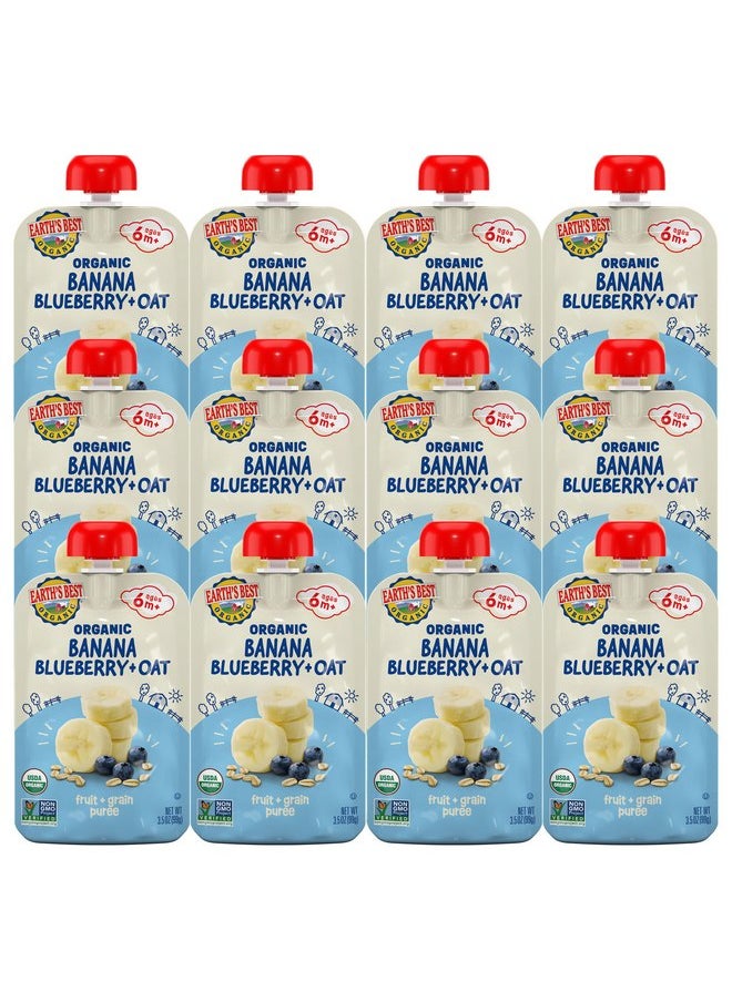 Earth's Best - Earth's Best Organic Baby Food Pouches, Wholesome Breakfast Puree for Babies 6 Months and Older, Organic Banana Blueberry and Oat Puree, 3.5 oz Resealable Pouch (Pack of 12) (Packaging May Vary) - Image 1