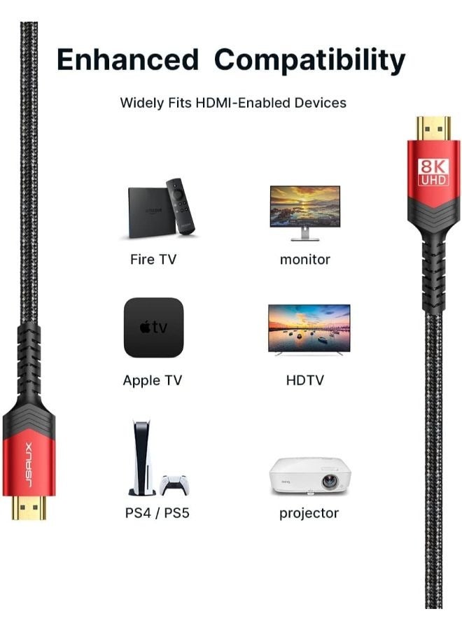 كابل JSAUX 8K HDMI 2.1 (2PACK 10 قدم)، سلك HDMI مجدول 48 جيجابت في الثانية 8K و4K فائق السرعة، 4K @ 120 هرتز 144 هرتز، 8K @ 60 هرتز، HDCP 2.2 و2.3، HDR 10، eARC متوافق مع شاشة الكمبيوتر المحمول UHD TV
