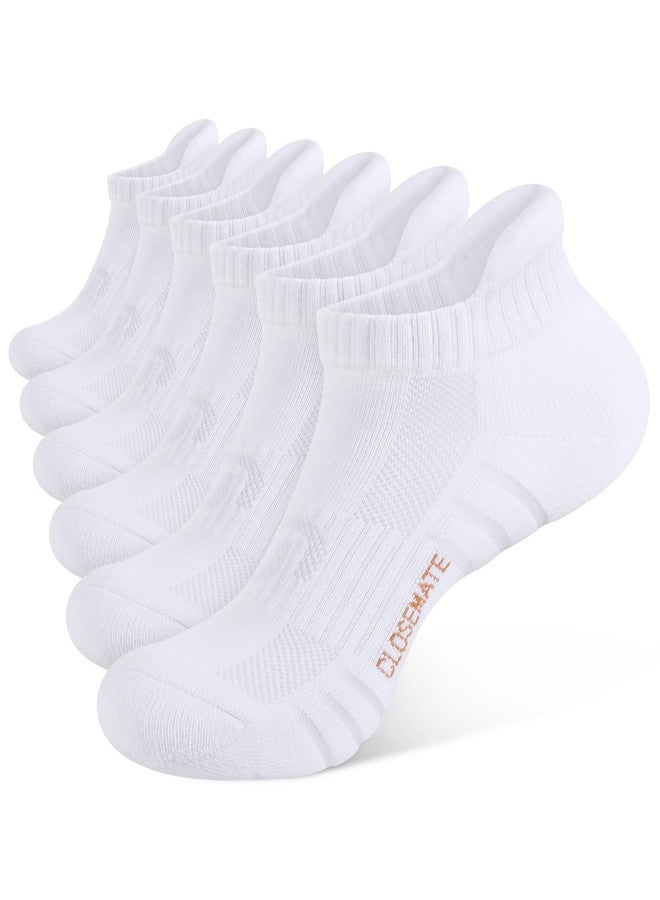 CLOSEMATE Athletic Running Ankle Socks for Men & Women Cushioned Breathable Low Cut Tab Socks with Arch Support 6 Pairs(6White,L) - Image 1