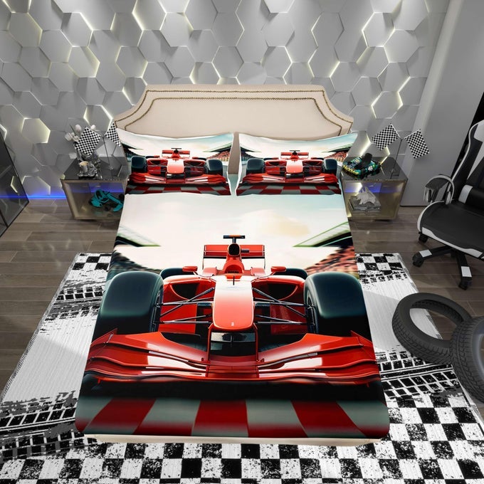 3D RED FORMULA CAR BEDDING SET TWIN SIZE COOL RACING CAR BED SET FOR TEENS BEDROOM DECOR KIDS SHEET MICROFIBER RACING SPEED SPORT BED COVER1 FITTED SHEET1 PILLOW CASE NO FLAT SHEET