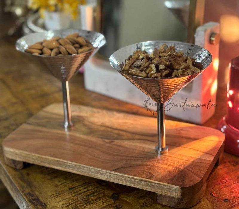 PURI BARTANWALA Stainless Steel Martini Style 2 Nuts Bowl with Hammered Pattern on Acacia Wood Board - Image 4