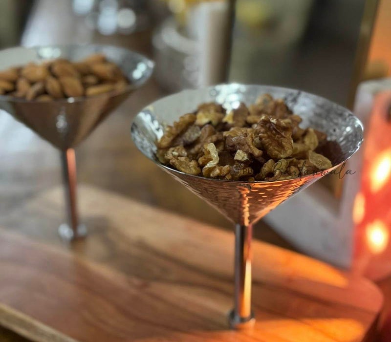 PURI BARTANWALA Stainless Steel Martini Style 2 Nuts Bowl with Hammered Pattern on Acacia Wood Board - Image 3