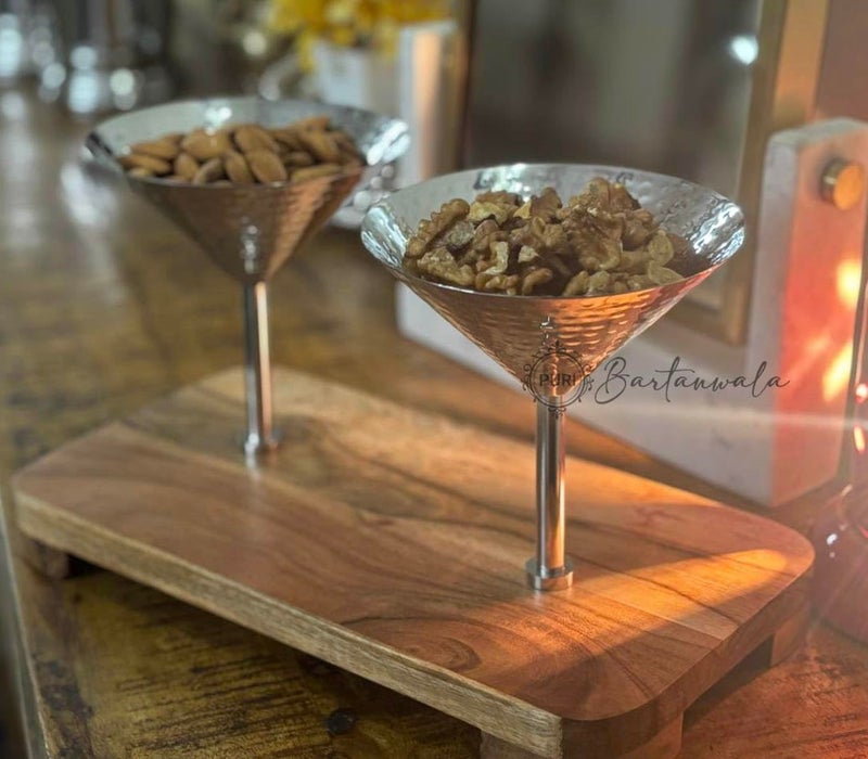 PURI BARTANWALA Stainless Steel Martini Style 2 Nuts Bowl with Hammered Pattern on Acacia Wood Board - Image 1