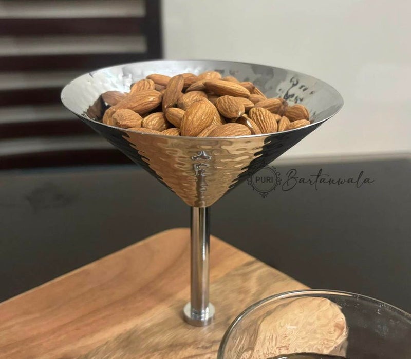 PURI BARTANWALA Stainless Steel Martini Style 2 Nuts Bowl with Hammered Pattern on Acacia Wood Board - Image 2