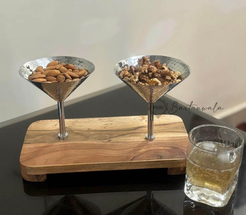 PURI BARTANWALA Stainless Steel Martini Style 2 Nuts Bowl with Hammered Pattern on Acacia Wood Board - Image 5