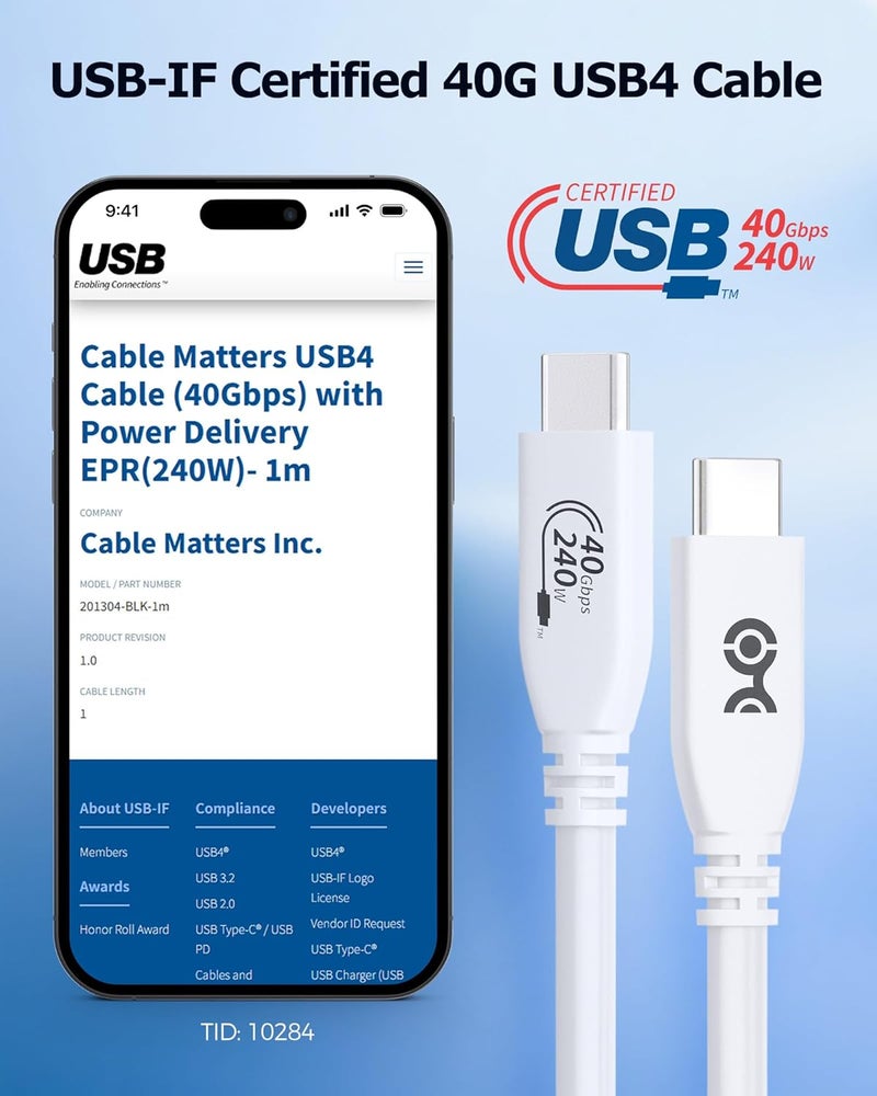 Cable Matters [USB-IF Certified] 40Gbps USB 4 Cable - 3.3ft, Supports Up to [8K@60Hz / 4K@240Hz Video, 240W Charging, 40Gbps Data Transfer] USB4 Cable, White, Compatible with Thunderbolt 4, MacBook - Image 2
