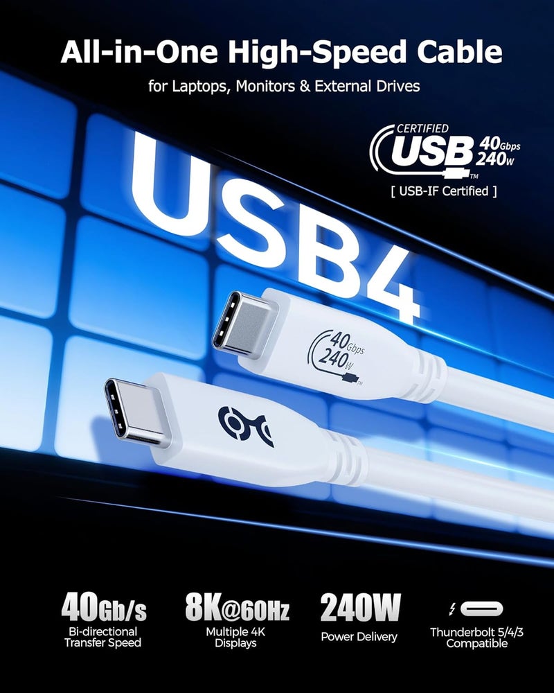 Cable Matters [USB-IF Certified] 40Gbps USB 4 Cable - 3.3ft, Supports Up to [8K@60Hz / 4K@240Hz Video, 240W Charging, 40Gbps Data Transfer] USB4 Cable, White, Compatible with Thunderbolt 4, MacBook - Image 3