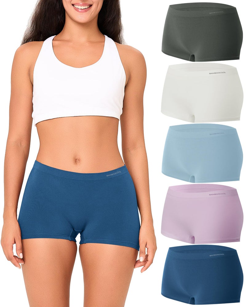 BAMBOO COOL Seamless Boyshort Underwear for Women Mid Waist Stretchy Panties Moisture Wicking Boxer Briefs 5 Pack - Image 1