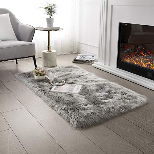 SERISSA Ultra Soft Faux Fur Area Rug Grey Fluffy Rug Plush Chair Cover Seat Pad Fuzzy Carpet Furry Besides Rug for Bedroom Floor Sofa Living Room 2x4 Feet (Rectangular, Light Grey) - Image 1