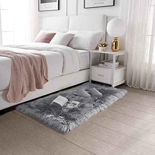SERISSA Ultra Soft Faux Fur Area Rug Grey Fluffy Rug Plush Chair Cover Seat Pad Fuzzy Carpet Furry Besides Rug for Bedroom Floor Sofa Living Room 2x4 Feet (Rectangular, Light Grey) - Image 2