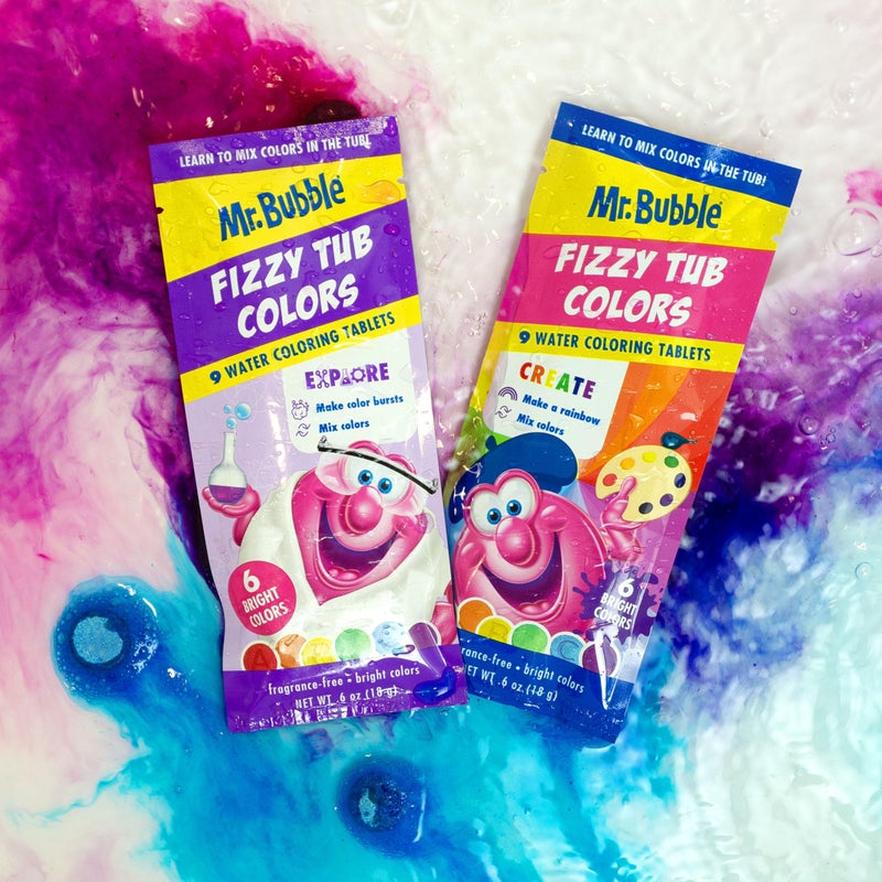 Mr. Bubble Fizzy Tub Colors Bath Water Coloring Tabelets, 6 Bright Colors, Red, Orange, Yellow, Purple, Blue and Green, Fragrance Free (12 Packets, 9 Tablets Each) - Image 4