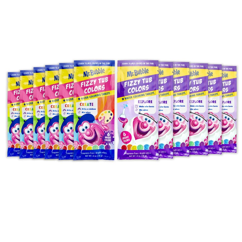 Mr. Bubble Fizzy Tub Colors Bath Water Coloring Tabelets, 6 Bright Colors, Red, Orange, Yellow, Purple, Blue and Green, Fragrance Free (12 Packets, 9 Tablets Each) - Image 1