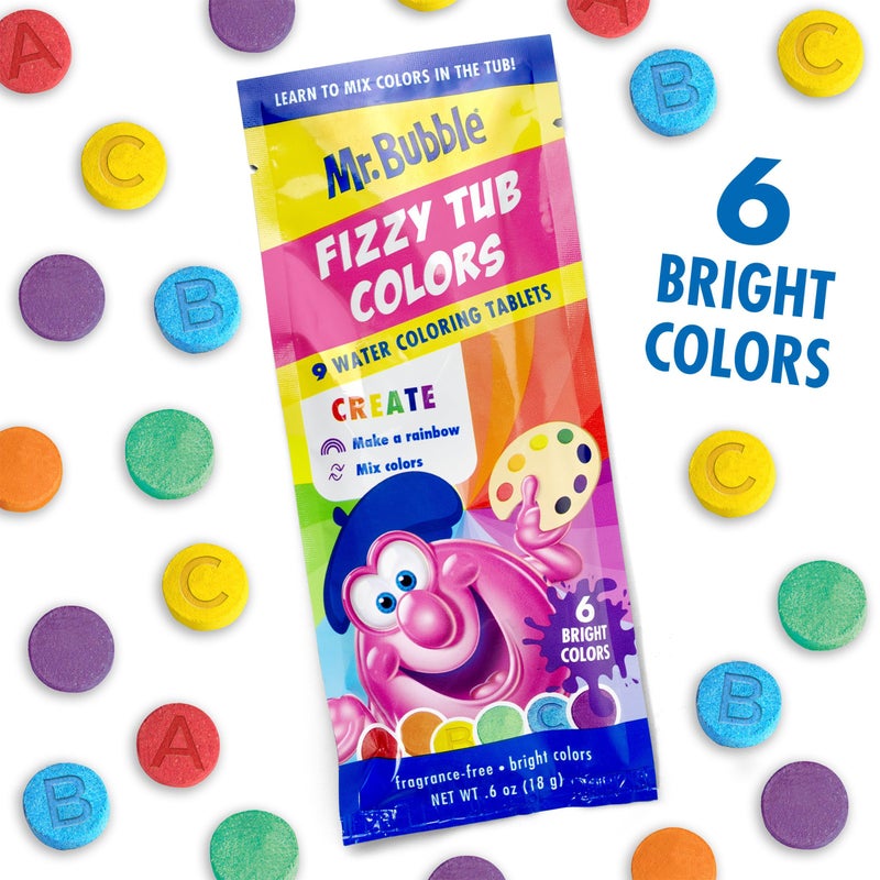 Mr. Bubble Fizzy Tub Colors Bath Water Coloring Tabelets, 6 Bright Colors, Red, Orange, Yellow, Purple, Blue and Green, Fragrance Free (12 Packets, 9 Tablets Each) - Image 2