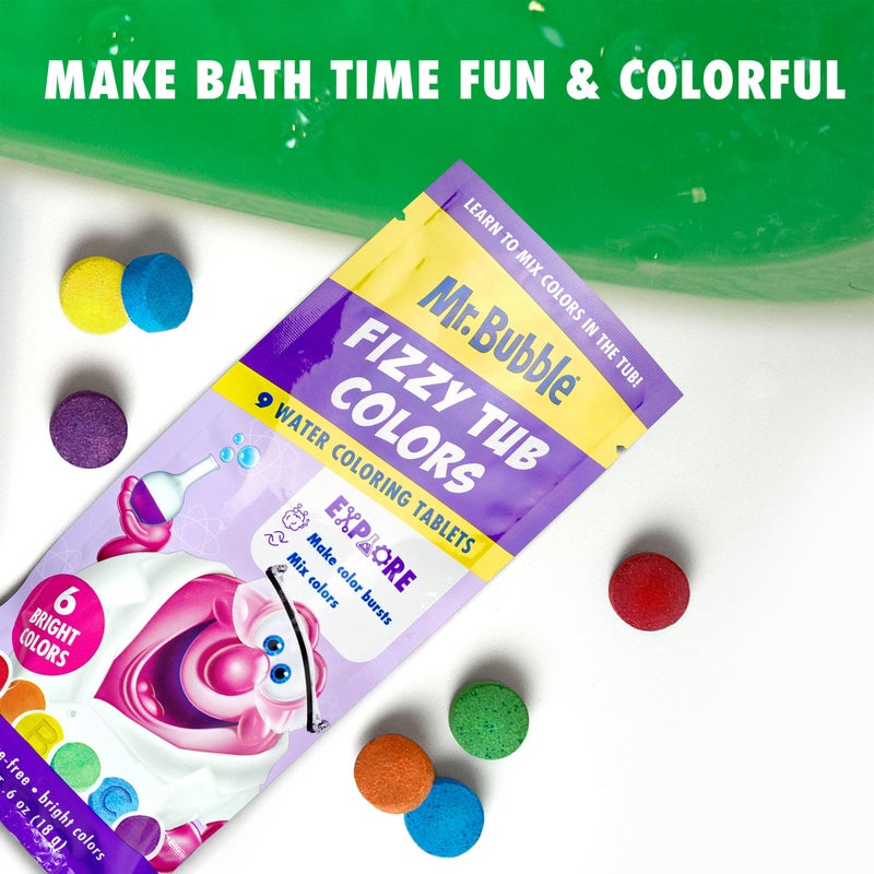 Mr. Bubble Fizzy Tub Colors Bath Water Coloring Tabelets, 6 Bright Colors, Red, Orange, Yellow, Purple, Blue and Green, Fragrance Free (12 Packets, 9 Tablets Each) - Image 3