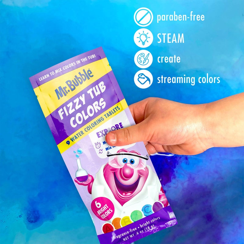 Mr. Bubble Fizzy Tub Colors Bath Water Coloring Tabelets, 6 Bright Colors, Red, Orange, Yellow, Purple, Blue and Green, Fragrance Free (12 Packets, 9 Tablets Each) - Image 5