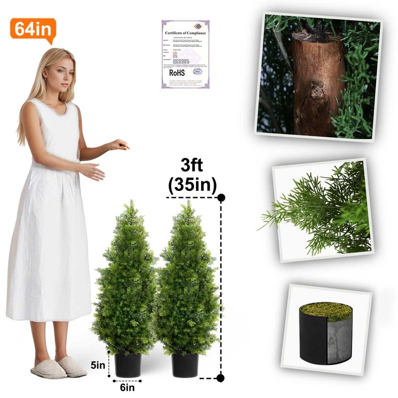 Aveyas 3ft Artificial Cedar Topiary Trees for Outdoor Front Porch Door, 3 Feet Faux Potted Plants Evergreen Fake Pine Cypress Tree for Outside Home Decor (3 ft Tall) - Set of 2 Pack - Image 2