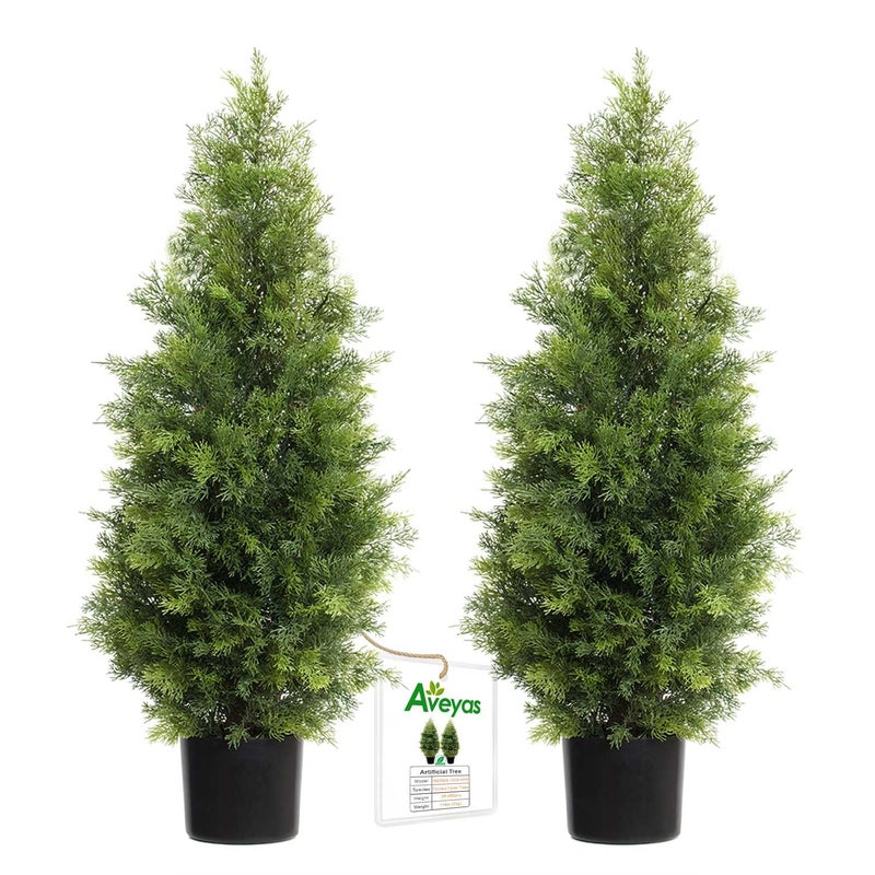 Aveyas 3ft Artificial Cedar Topiary Trees for Outdoor Front Porch Door, 3 Feet Faux Potted Plants Evergreen Fake Pine Cypress Tree for Outside Home Decor (3 ft Tall) - Set of 2 Pack - Image 1