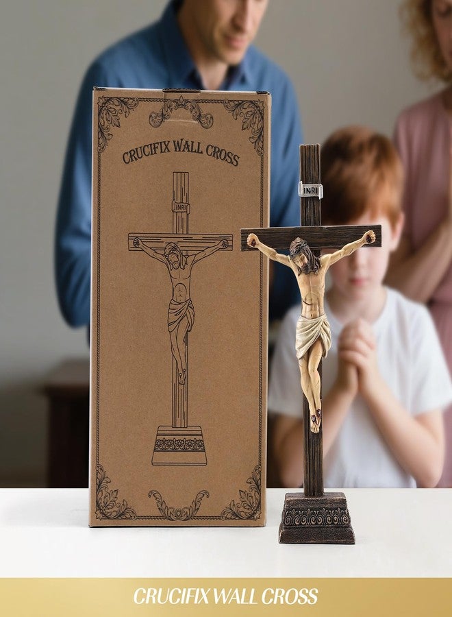 Magicsculp 10.8" H Jesus Crucifix Statue - Resin Standing Wall Cross Decoration, Praying Religious Figurine Jesus Christ Catholic Display, Hanging or Tabletop with Stand for Home Decor - Image 3