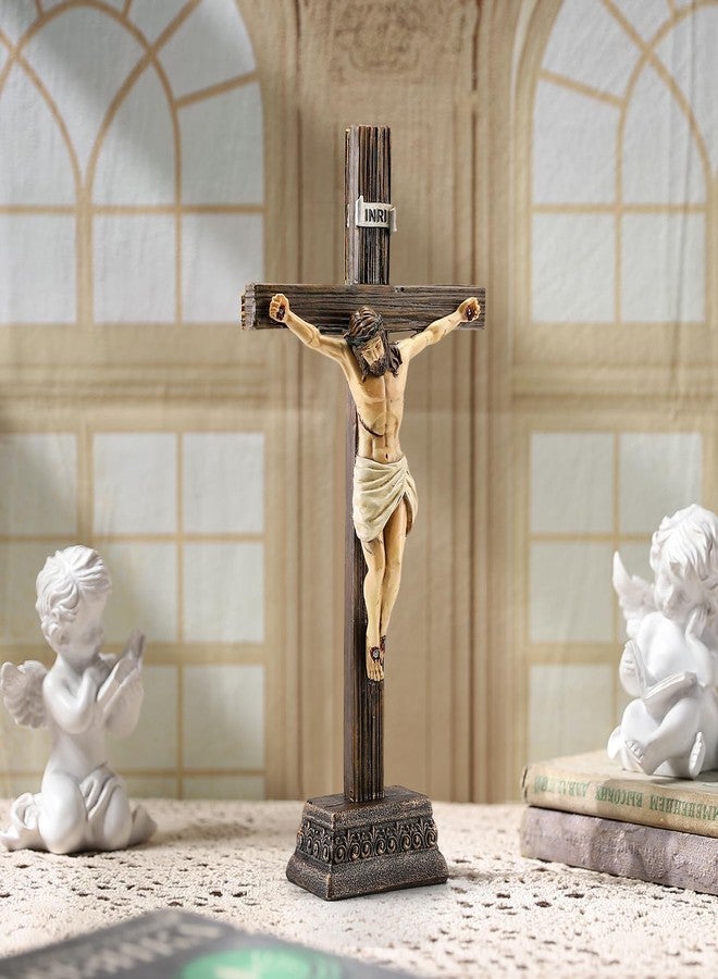 Magicsculp 10.8" H Jesus Crucifix Statue - Resin Standing Wall Cross Decoration, Praying Religious Figurine Jesus Christ Catholic Display, Hanging or Tabletop with Stand for Home Decor - Image 1