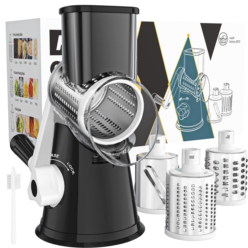 Cambom Rotary Cheese Grater Hand Crank Cheese Shredder for Fresh Cheese Vegetable NutsNonslip Suction Base Free Cleaning Brush Three Blades Black