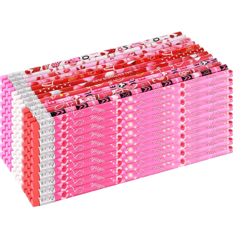 FYXMI 120 Pcs Valentine Pencils Bulk with Erasers, 12 Unique Heart Themed Design for Valentine Goodies Prize Gift Favor Party Supplies - Image 1