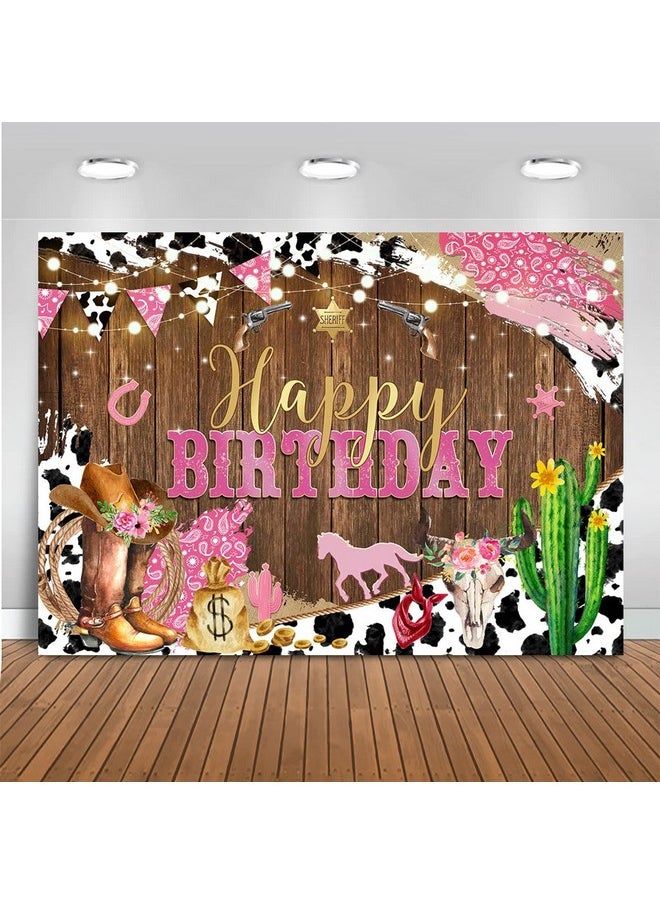Mocsicka Western Cowgirl Birthday Backdrop Happy Birthday For Girl Party Decorations Banner Rustic West Rodeo Boot Country Birthday Photography Background Photo Booth Props(Pink, 7X5Ft (82X60 Inch))  - Image 1