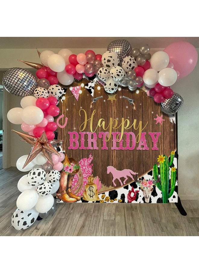 Mocsicka Western Cowgirl Birthday Backdrop Happy Birthday For Girl Party Decorations Banner Rustic West Rodeo Boot Country Birthday Photography Background Photo Booth Props(Pink, 7X5Ft (82X60 Inch))  - Image 4