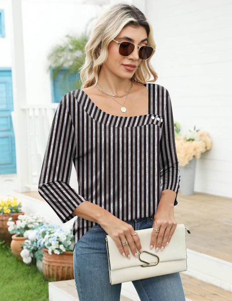 LOMON 3/4 Length Sleeve Womens Tops Asymmetric Neck Blouses for Women 2026 Trendy Summer Clothes L - Image 4