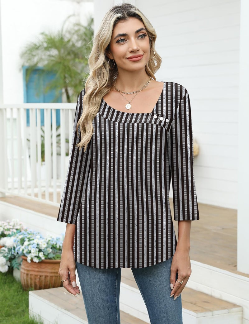 LOMON 3/4 Length Sleeve Womens Tops Asymmetric Neck Blouses for Women 2026 Trendy Summer Clothes L - Image 2