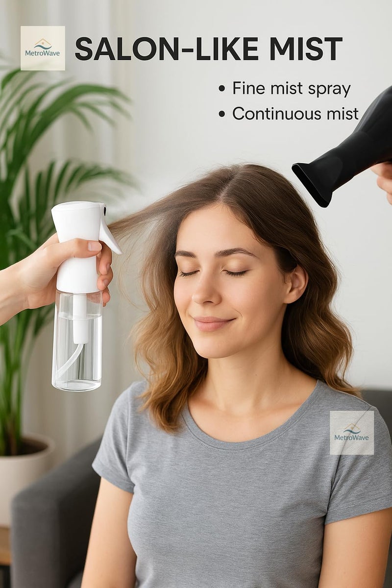 METROWAVE Mist Spray Bottle Plastic (200ml, Pack of 2) | Continuous Long Mist Salon Spray Bottle Hair Styling | Suitable for Cleaning Liquid, Water, Cooking Oil (White) - Image 3