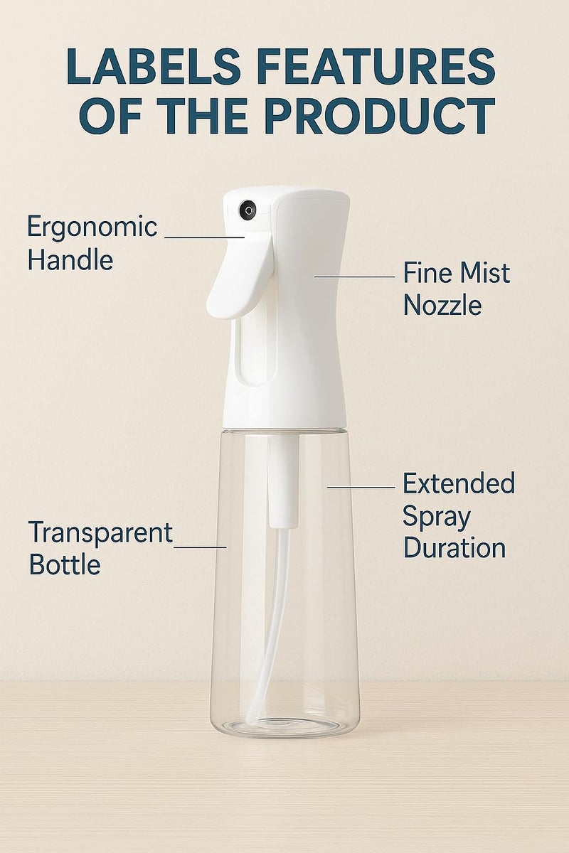 METROWAVE Mist Spray Bottle Plastic (200ml, Pack of 2) | Continuous Long Mist Salon Spray Bottle Hair Styling | Suitable for Cleaning Liquid, Water, Cooking Oil (White) - Image 5