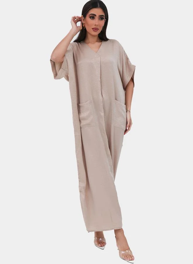 Elena by DStyle Elena by DStyle Crinkled Satin V Neck Jalabiya with Pocket Detail