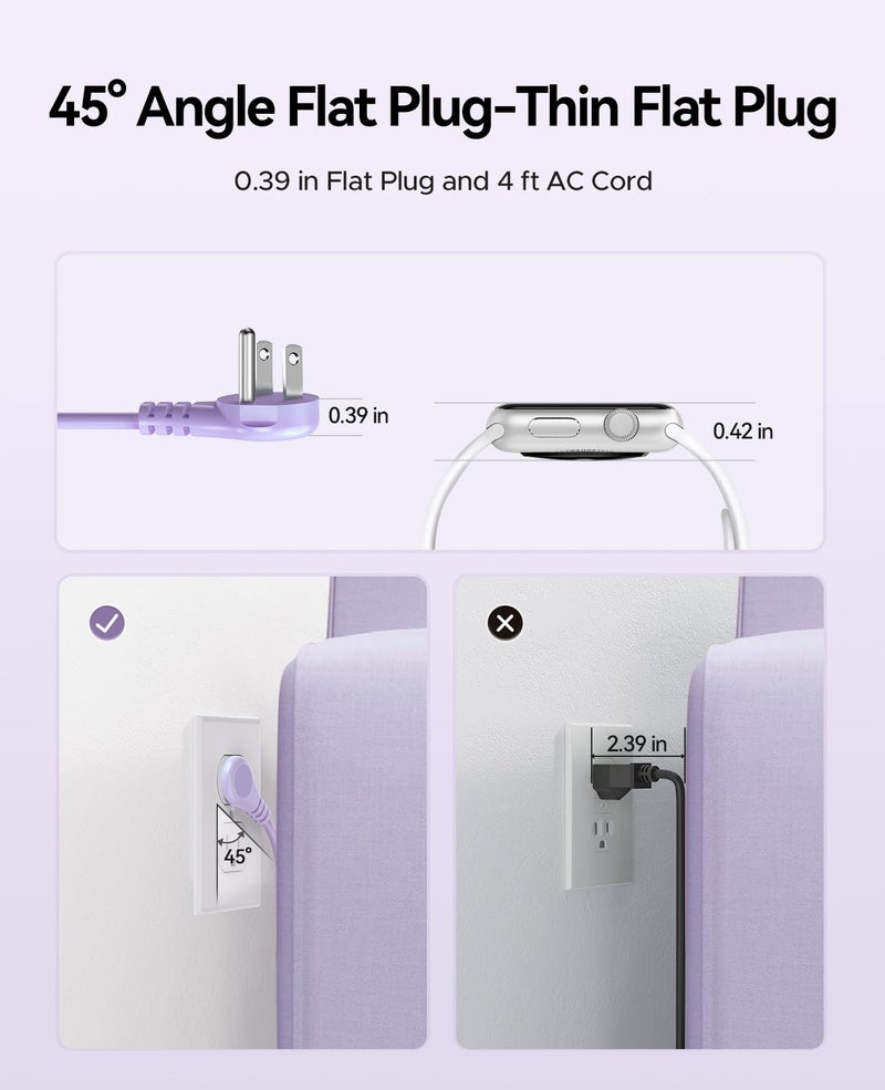 ORICO 4FT Purple Travel Power Strip with 4 AC Outlets, 2 USB-A Ports, and 1 USB-C Port, 45° Flat Plug Extension Cord with Non Surge Protector for Travel/Home/Dorm/Office-AP3 - Image 4