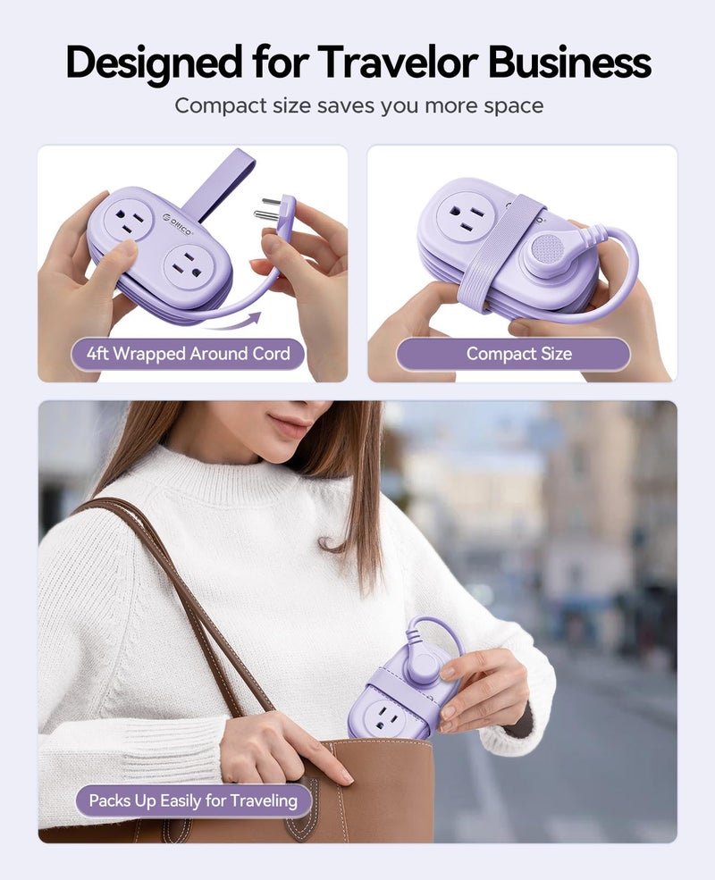 ORICO 4FT Purple Travel Power Strip with 4 AC Outlets, 2 USB-A Ports, and 1 USB-C Port, 45° Flat Plug Extension Cord with Non Surge Protector for Travel/Home/Dorm/Office-AP3 - Image 2