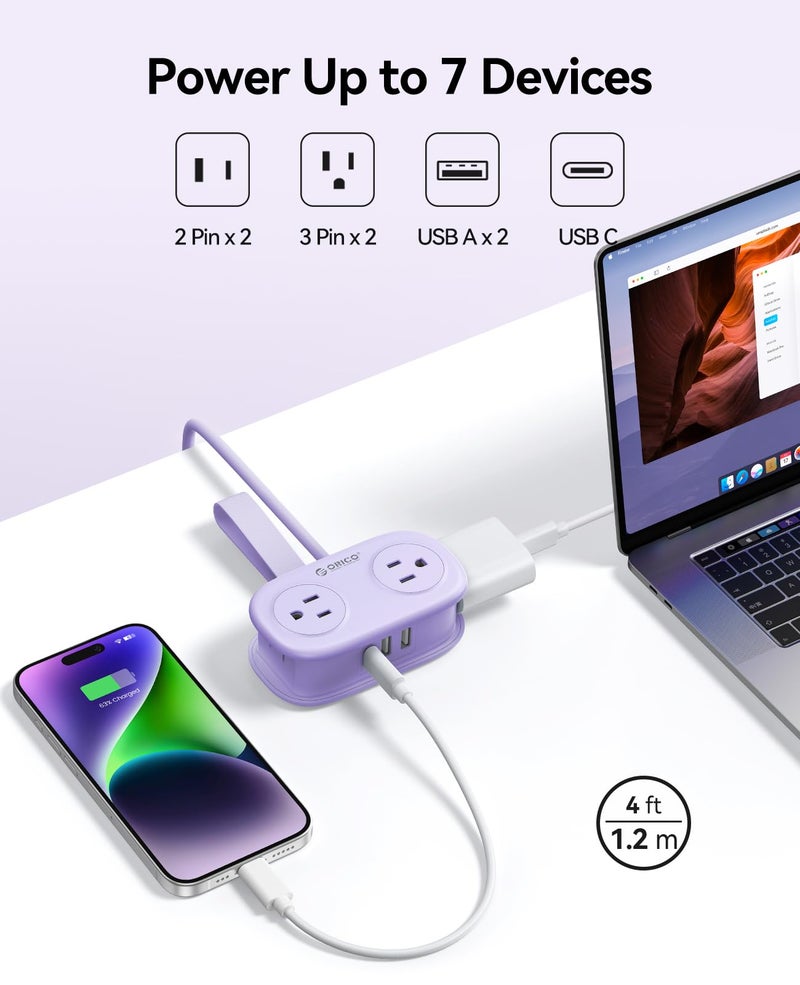 ORICO 4FT Purple Travel Power Strip with 4 AC Outlets, 2 USB-A Ports, and 1 USB-C Port, 45° Flat Plug Extension Cord with Non Surge Protector for Travel/Home/Dorm/Office-AP3 - Image 3